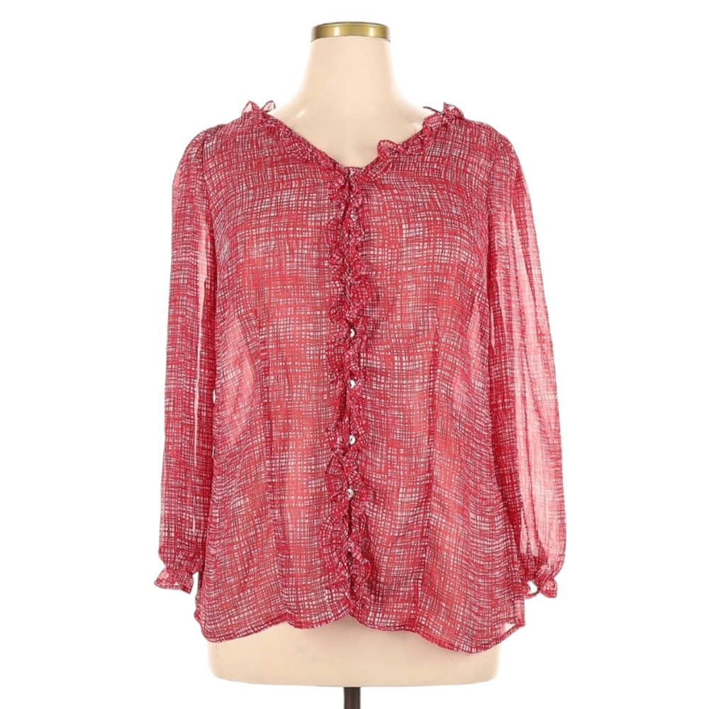 Avenue Long Sleeve‎ Blouse Size 14 /16 Red White Ruffle Button Front Semi Sheer